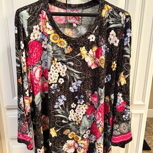 Johnny Was Black Floral Blouse with Pink and Yellow Accents